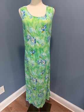 Vintage M.E. International Floral Rayon Maxi Dress Medium Green Blue Cottagecore